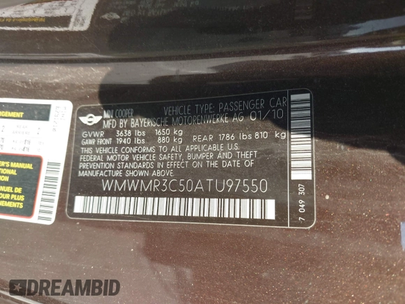 2010 MINI Convertible with VIN WMWMR3C50ATU97550, listed as a IAAI auction lot 41709012 with 86,499 mi miles and . Bid and sale history available at DreamBid. Image 9.