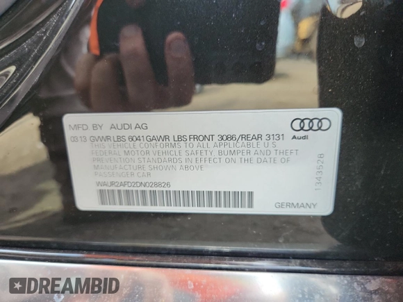 2013 Audi A8 4.0L with VIN WAUR2AFD2DN028826, listed as a Copart auction lot 64756025 with 107,761 mi miles and Salvage title. Bid and sale history available at DreamBid. Image 12.
