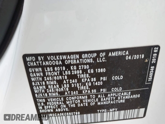 2019 Volkswagen Atlas SE with VIN 1V2UR2CA0KC560799, listed as a IAAI auction lot 42318671 with 95,804 mi miles and . Bid and sale history available at DreamBid. Image 9.