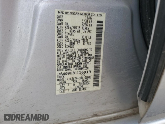 2008 Nissan Frontier SE with VIN 1N6AD09U18C416919, listed as a Copart auction lot 84837774 with 78,104 mi miles and Salvage title. Bid and sale history available at DreamBid. Image 12.