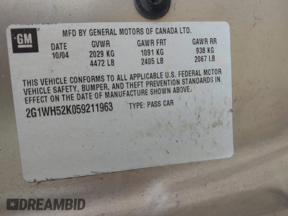 2005 Chevrolet Impala LS with VIN 2G1WH52K059211963, listed as a IAAI auction lot 42012104 with 156,424 mi miles and . Bid and sale history available at DreamBid. Image 9.