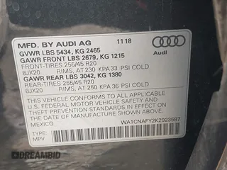 2019 Audi Q5 Prestige with VIN WA1CNAFY2K2023587, listed as a IAAI auction lot 41059294 with 54,591 mi miles. Bid and sale history available at carsss.com. Image 9.
