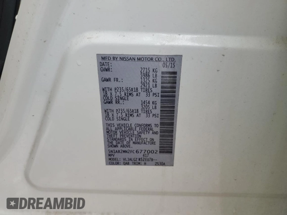 2015 Nissan Pathfinder SL with VIN 5N1AR2MN2FC677002, listed as a Copart auction lot 55322355 with Not provided miles and Salvage title. Bid and sale history available at DreamBid. Image 14.