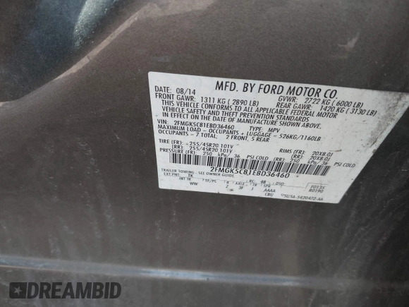 2014 Ford Flex SEL z VIN 2FMGK5C81EBD36460, wystawiony jako IAAI lot #41859985 z przebiegiem 160 572 mil mil oraz . Historia ofert i sprzedaży dostępna na DreamBid. Obrazek 9.