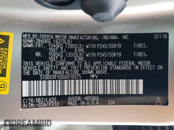 2016 Toyota Highlander Hybrid Limited with VIN 5TDDCRFH2GS019375, listed as a Copart auction lot 40628194 with 76,003 mi miles. Bid and sale history available at carsss.com. Image 16.