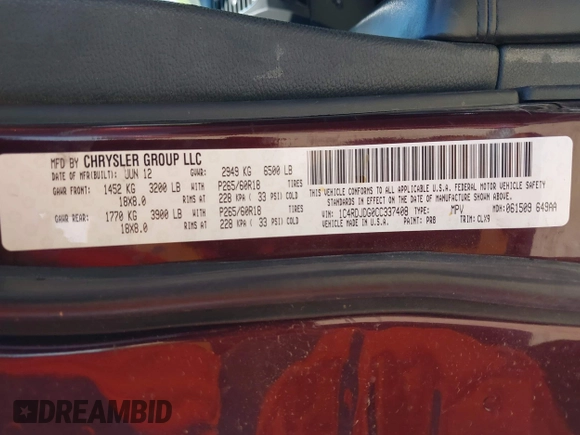 2012 Dodge Durango Crew with VIN 1C4RDJDG0CC337408, listed as a IAAI auction lot 42193647 with 186,352 mi miles and . Bid and sale history available at carsss.com. Image 9.