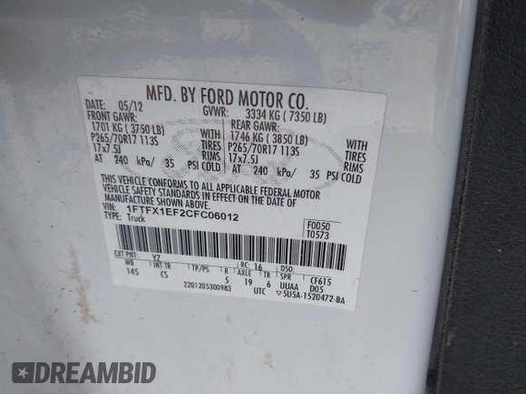 2012 Ford F-150 XL z VIN 1FTFX1EF2CFC06012, wystawiony jako IAAI lot #42330104 z przebiegiem 273 277 mil mil oraz . Historia ofert i sprzedaży dostępna na DreamBid. Obrazek 9.