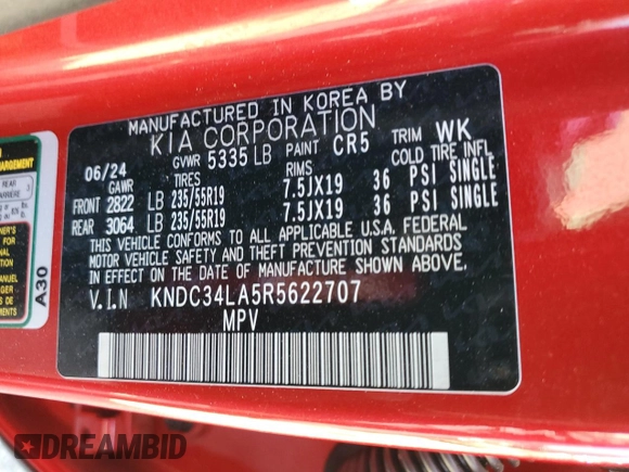2024 Kia EV6 Wind with VIN KNDC34LA5R5622707, listed as a Copart auction lot 49500815 with 1,111 mi miles and Salvage Title. Bid and sale history available at carsss.com. Image 13.