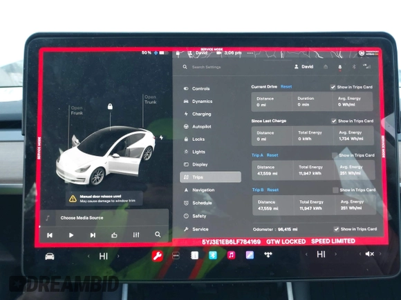 2020 Tesla Model 3 Long Range with VIN 5YJ3E1EB6LF784169, listed as a IAAI auction lot 40957226 with 96,415 mi miles. Bid and sale history available at carsss.com. Image 7.