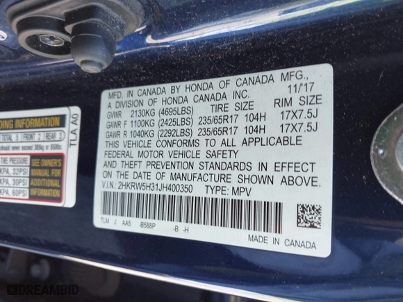 2018 Honda CR-V LX with VIN 2HKRW5H31JH400350, listed as a IAAI auction lot 41841871 with 74,231 mi miles. Bid and sale history available at carsss.com. Image 9.