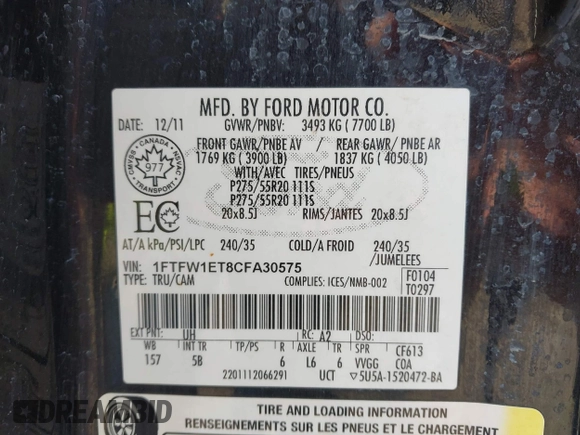 2012 Ford F-150 XL with VIN 1FTFW1ET8CFA30575, listed as a IAAI auction lot 41984533 with 82,048 mi miles. Bid and sale history available at carsss.com. Image 9.