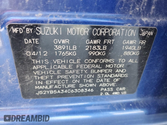 2012 Suzuki SX4 Crossover with VIN JS2YB5A34C6308346, listed as a Copart auction lot 72888464 with 89,629 mi miles and Salvage Title. Bid and sale history available at carsss.com. Image 13.