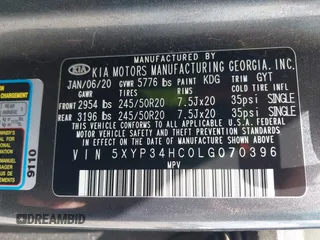 2020 Kia Telluride EX with VIN 5XYP34HC0LG070396, listed as a IAAI auction lot 42565412 with 69,739 mi miles and . Bid and sale history available at DreamBid. Image 9.