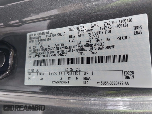 2022 Ford F-150 XL with VIN 1FTMF1CB1NKE51677, listed as a IAAI auction lot 42178807 with 8,260 mi miles and . Bid and sale history available at DreamBid. Image 9.