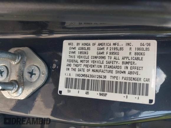 2006 Honda Accord LX with VIN 1HGCM56436A128438, listed as a IAAI auction lot 42601615 with 245,223 mi miles and . Bid and sale history available at DreamBid. Image 9.