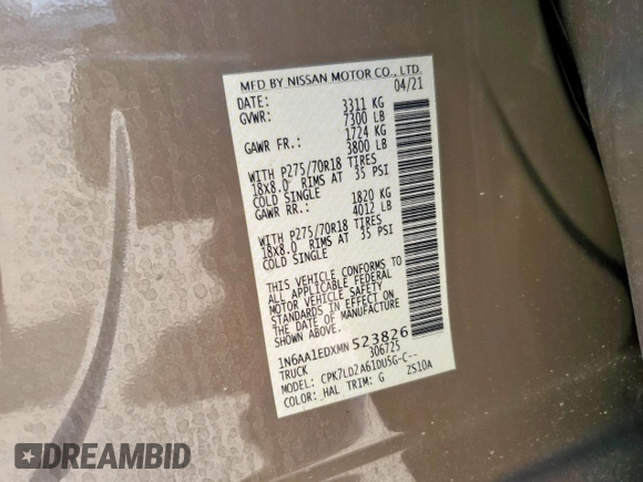 2021 Nissan Titan Pro-4X with VIN 1N6AA1EDXMN523826, listed as a Copart auction lot 61851765 with 85,783 mi miles and Salvage title. Bid and sale history available at DreamBid. Image 12.