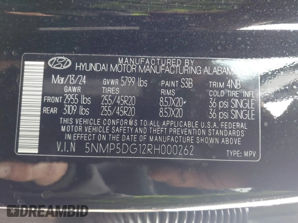 2024 Hyundai Santa Fe Hybrid Calligraphy with VIN 5NMP5DG12RH000262, listed as a IAAI auction lot 41724311 with 11,662 mi miles. Bid and sale history available at carsss.com. Image 9.