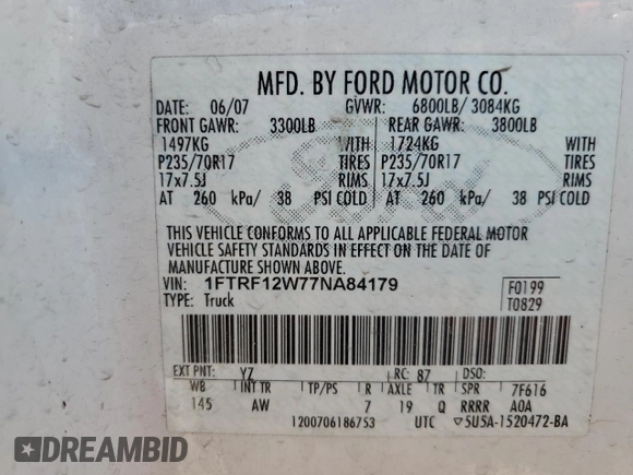 2007 Ford F-150 XL with VIN 1FTRF12W77NA84179, listed as a Copart auction lot 70638254 with 153,849 mi miles and Clean Title. Bid and sale history available at carsss.com. Image 12.