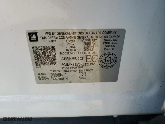 2019 Chevrolet Equinox LS with VIN 2GNAXSEV0K6121192, listed as a Copart auction lot 60967374 with 125,337 mi miles and Salvage Title. Bid and sale history available at carsss.com. Image 13.