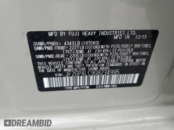 2016 Subaru Crosstrek Limited with VIN JF2GPALC9G8234995, listed as a Copart auction lot 61446105 with 92,514 mi miles and Salvage title. Bid and sale history available at DreamBid. Image 14.