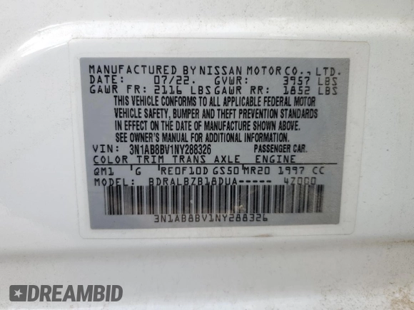 2022 Nissan Sentra S with VIN 3N1AB8BV1NY288326, listed as a Copart auction lot 76569314 with 32,398 mi miles and Salvage Title. Bid and sale history available at carsss.com. Image 14.