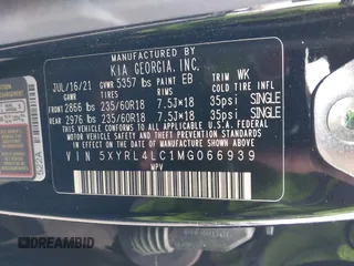 2021 Kia Sorento S with VIN 5XYRL4LC1MG066939, listed as a IAAI auction lot 42141340 with 53,937 mi miles and . Bid and sale history available at DreamBid. Image 9.