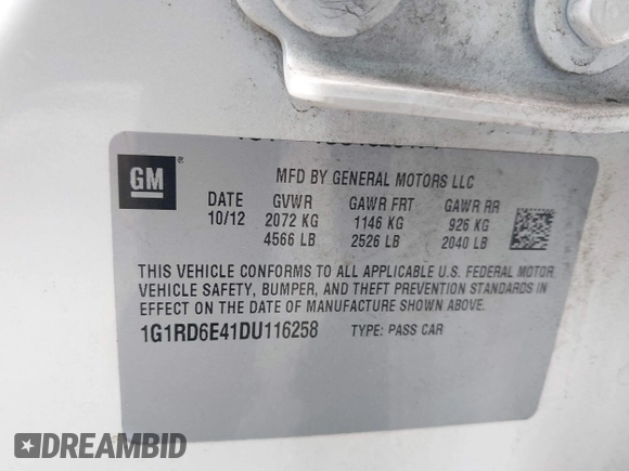 2013 Chevrolet Volt with VIN 1G1RD6E41DU116258, listed as a IAAI auction lot 42047374 with 87,190 mi miles and . Bid and sale history available at carsss.com. Image 9.