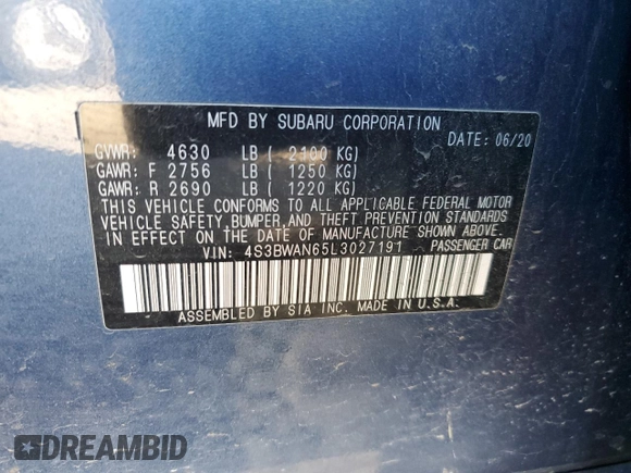 2020 Subaru Legacy Limited with VIN 4S3BWAN65L3027191, listed as a Copart auction lot 46657395 with Not Provided miles and Salvage Title. Bid and sale history available at DreamBid. Image 12.