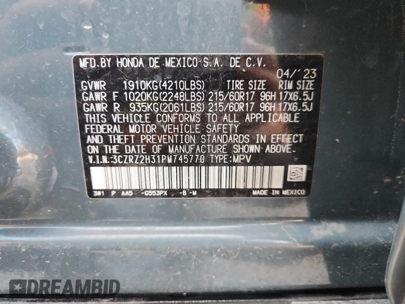 2023 Honda HR-V LX with VIN 3CZRZ2H31PM745770, listed as a Copart auction lot 62567235 with 29,420 mi miles and Salvage title. Bid and sale history available at DreamBid. Image 13.