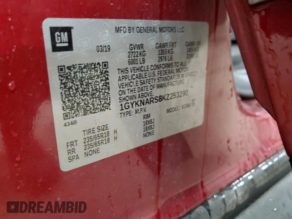2019 Cadillac XT5 FWD with VIN 1GYKNARS8KZ253290, listed as a Copart auction lot 54786695 with 109,405 mi miles and Clean title. Bid and sale history available at DreamBid. Image 13.