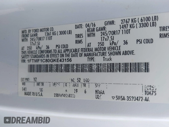 2016 Ford F-150 XL с VIN 1FTMF1C80GKE43156, выставлен на аукционе IAAI как лот 41677981 с пробегом 183 286 миль миль и . История ставок и продаж доступна на DreamBid. Изображение 9.