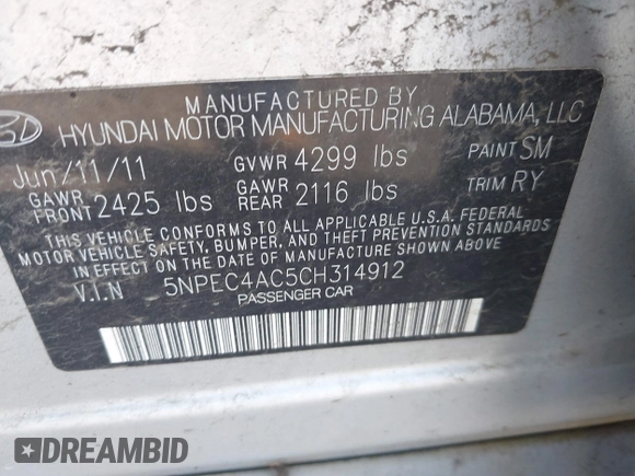 2012 Hyundai Sonata Limited with VIN 5NPEC4AC5CH314912, listed as a IAAI auction lot 41893349 with 169,232 mi miles and . Bid and sale history available at DreamBid. Image 9.