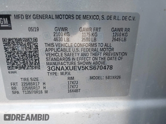 2019 Chevrolet Equinox LT with VIN 3GNAXUEV5KS670478, listed as a IAAI auction lot 41745218 with 56,996 mi miles and . Bid and sale history available at DreamBid. Image 9.