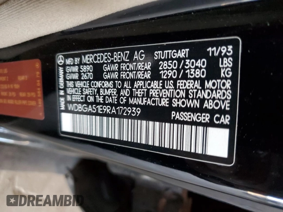 1994 Mercedes-Benz S with VIN WDBGA51E9RA172939, listed as a Copart auction lot 79572884 with 86,315 mi miles and Clean Title. Bid and sale history available at DreamBid. Image 12.