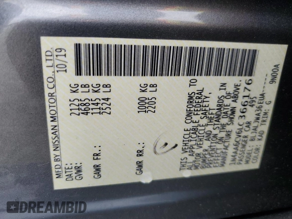 2020 Nissan Maxima SV with VIN 1N4AA6CV6LC366176, listed as a Copart auction lot 54240915 with 138,070 mi miles and Salvage title. Bid and sale history available at DreamBid. Image 12.