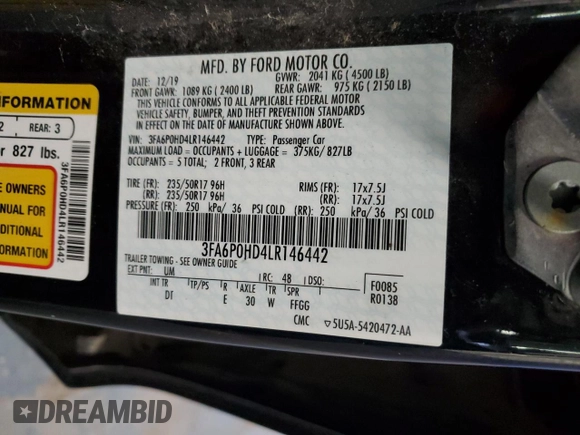 2020 Ford Fusion SE with VIN 3FA6P0HD4LR146442, listed as a Copart auction lot 51035875 with 109,163 mi miles and Salvage Title. Bid and sale history available at DreamBid. Image 12.