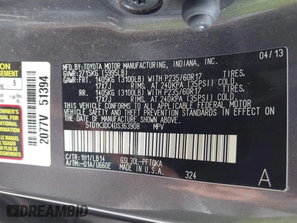 2013 Toyota Sienna XLE AAS with VIN 5TDYK3DC4DS363908, listed as a IAAI auction lot 42360224 with 110,469 mi miles and . Bid and sale history available at DreamBid. Image 9.