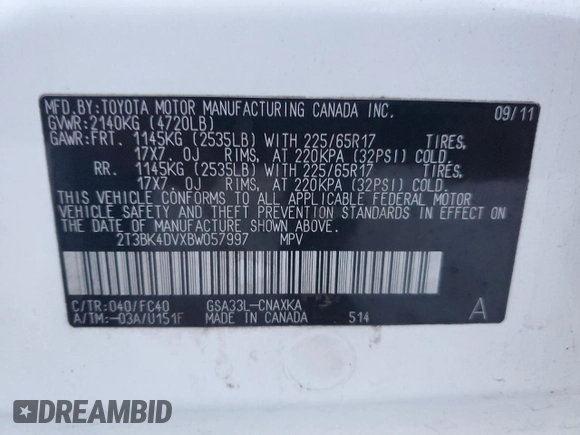 2011 Toyota RAV4 with VIN 2T3BK4DVXBW057997, listed as a Copart auction lot 84156514 with 135,666 mi miles and Salvage Title. Bid and sale history available at carsss.com. Image 15.