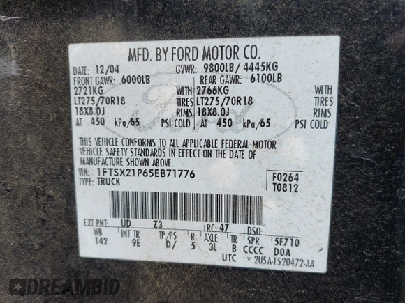 2005 Ford F-250 XL с VIN 1FTSX21P65EB71776, выставлен на аукционе IAAI как лот 42839357 с пробегом 237 582 миль миль и . История ставок и продаж доступна на DreamBid. Изображение 9.