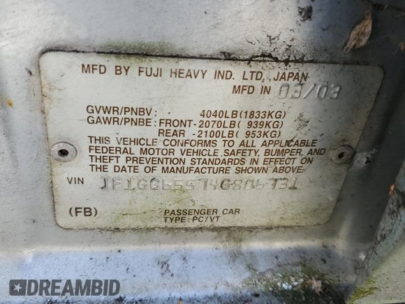 2004 Subaru Impreza TS с VIN JF1GG65574G806731, выставлен на аукционе Copart как лот 59594484 с пробегом 207 871 миль миль и Чистый • Clean title. История ставок и продаж доступна на DreamBid. Изображение 14.