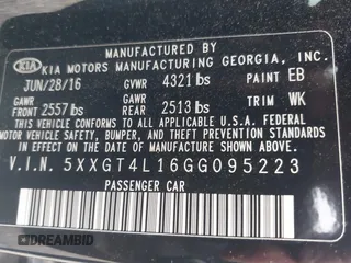 2016 Kia Optima LX Turbo with VIN 5XXGT4L16GG095223, listed as a IAAI auction lot 42096726 with 89,833 mi miles. Bid and sale history available at carsss.com. Image 9.