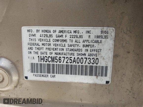 2005 Honda Accord EX with VIN 1HGCM56725A007330, listed as a IAAI auction lot 42240294 with 198,288 mi miles and . Bid and sale history available at DreamBid. Image 9.
