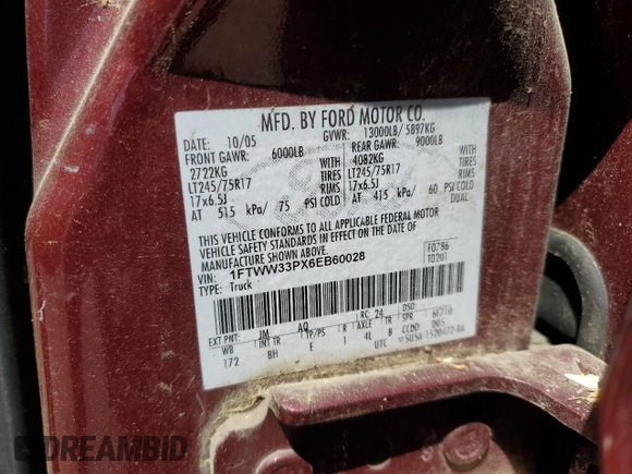 2006 Ford F-350 XL с VIN 1FTWW33PX6EB60028, выставлен на аукционе Copart как лот 53904025 с пробегом 245 305 миль миль и Списание • Salvage title. История ставок и продаж доступна на DreamBid. Изображение 12.