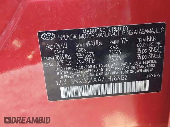 2020 Hyundai Santa Fe Limited with VIN 5NMS53AA2LH283122, listed as a IAAI auction lot 41259980 with 16,080 mi miles and . Bid and sale history available at DreamBid. Image 9.