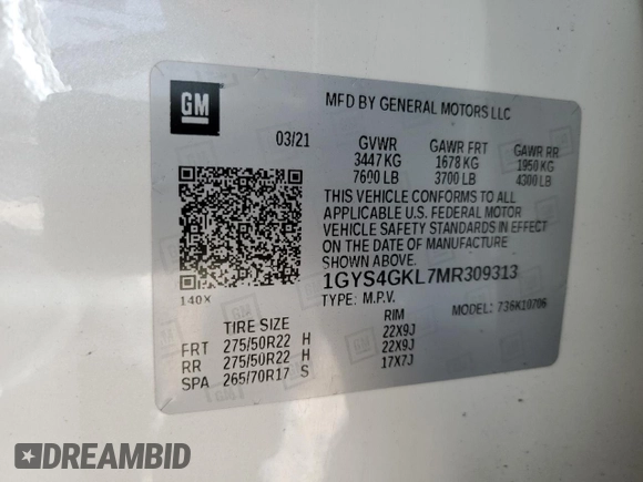 2021 Cadillac Escalade Sport Platinum with VIN 1GYS4GKL7MR309313, listed as a Copart auction lot 89160815 with 33,540 mi miles and Salvage title. Bid and sale history available at DreamBid. Image 14.