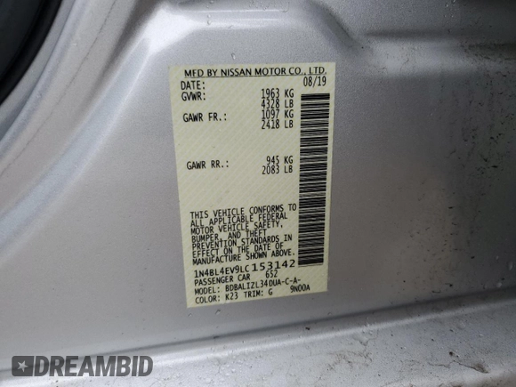 2020 Nissan Altima 2.5 SL with VIN 1N4BL4EV9LC153142, listed as a Copart auction lot 46961535 with 107,548 mi miles and Salvage Title. Bid and sale history available at carsss.com. Image 14.