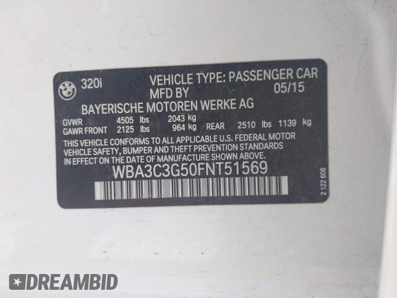 2015 BMW 3 Series 320i xDrive with VIN WBA3C3G50FNT51569, listed as a IAAI auction lot 42054171 with 74,305 mi miles and . Bid and sale history available at DreamBid. Image 9.