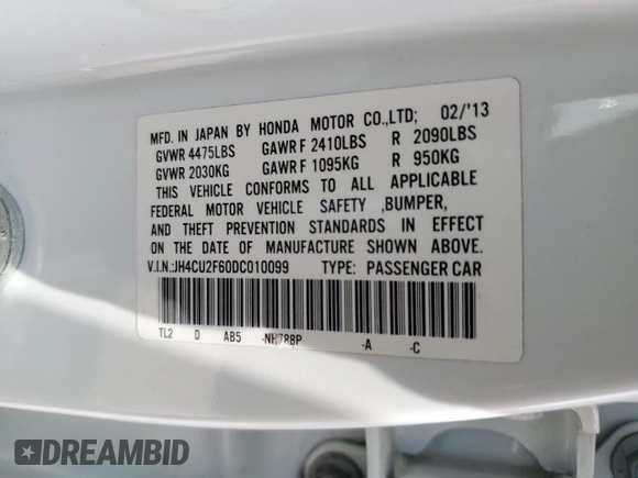 2013 Acura TSX Technology with VIN JH4CU2F60DC010099, listed as a Copart auction lot 60514895 with 99,483 mi miles and Clean title. Bid and sale history available at DreamBid. Image 12.