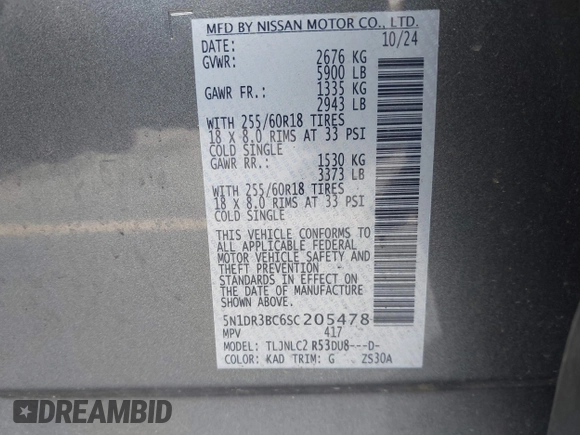 2025 Nissan Pathfinder SV with VIN 5N1DR3BC6SC205478, listed as a IAAI auction lot 42719067 with 26,744 mi miles and . Bid and sale history available at DreamBid. Image 9.