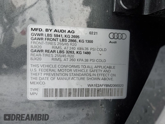2021 Audi Q5 Premium Plus with VIN WA1E2AFY8M2066920, listed as a Copart auction lot 43134605 with 12,304 mi miles and Salvage Title. Bid and sale history available at carsss.com. Image 13.